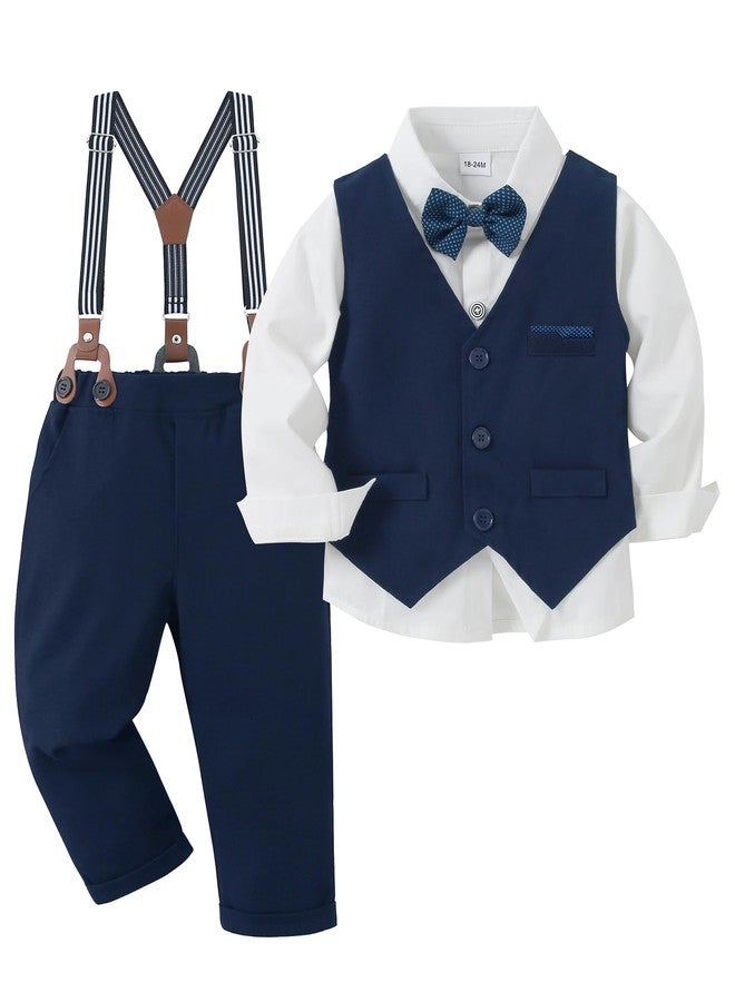 nilikastta Navy Blue Toddler Boy Wedding Guest Outfit Toddler Suits for Boys Formal Dress Shirt/Bowtie/Vest/Suspender Pants for Performance 18-24 Months - Image 1